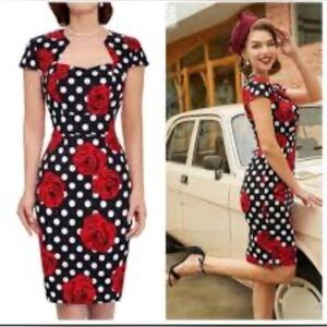 Grace Karin Red roses and black and white polka dots dress. Tea dress L
